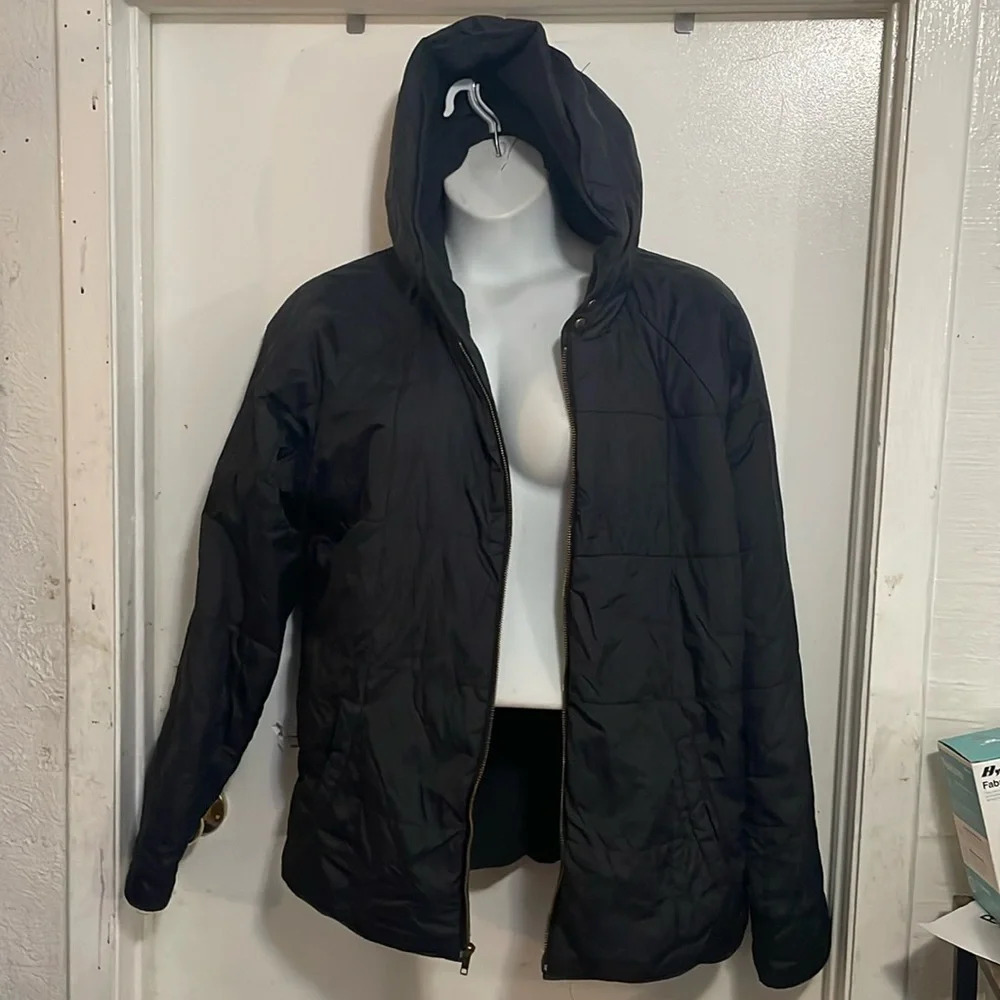 KREW black hooded jacket coat outwrwear quilted zip up xl